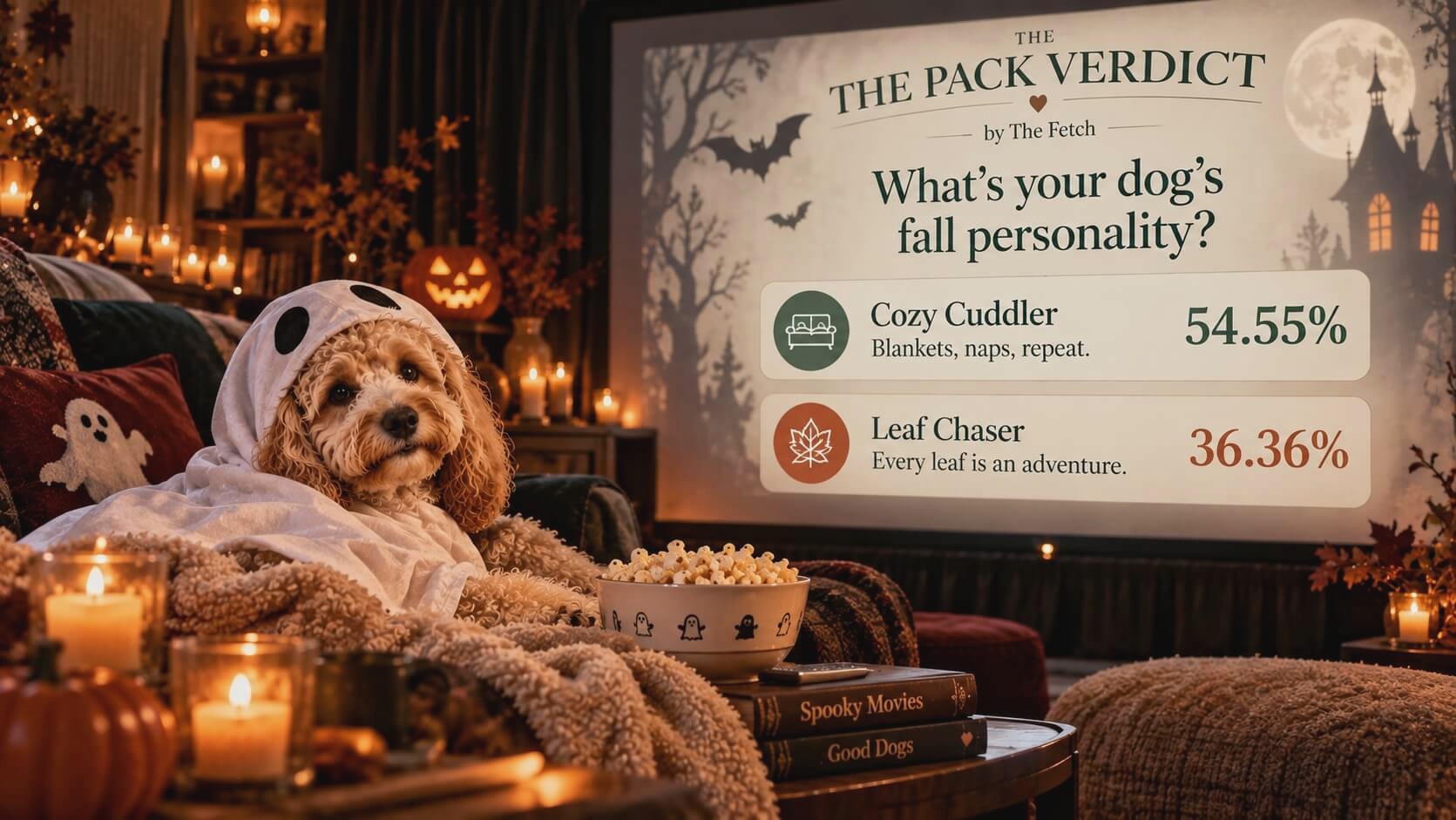 The Pack Verdict Halloween poll results: Cozy Cuddler leads with 54.55%, followed by Leaf Chaser at 36.36%, in a spooky movie night scene