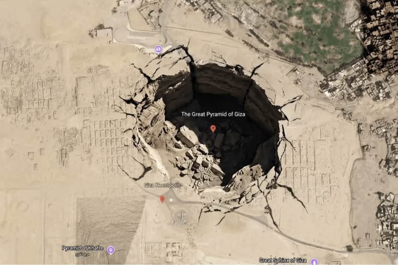 A Google Earth view of a famous landmark with an AI-generated change, such as a large hole where the Great Pyramid of Giza should be