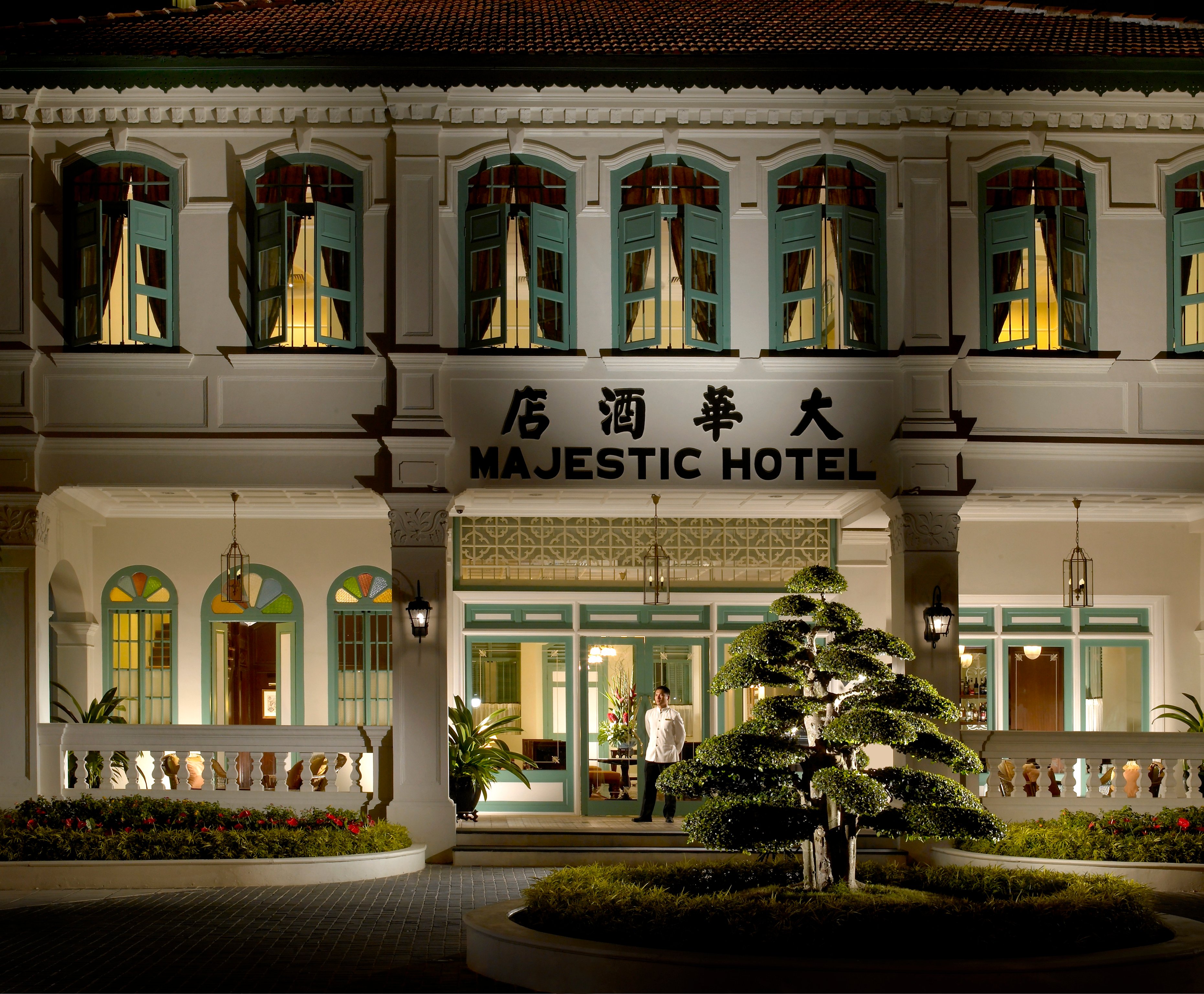Illuminated historic facade of The Majestic Malacca