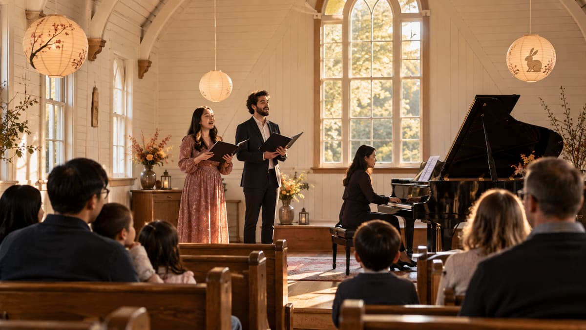 Illustration of a family-friendly Mid-Autumn music celebration in a historic Richmond BC chapel