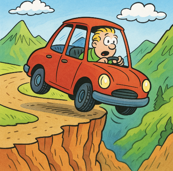 A cartoon of a compact SUV precariously balanced on a steep path.