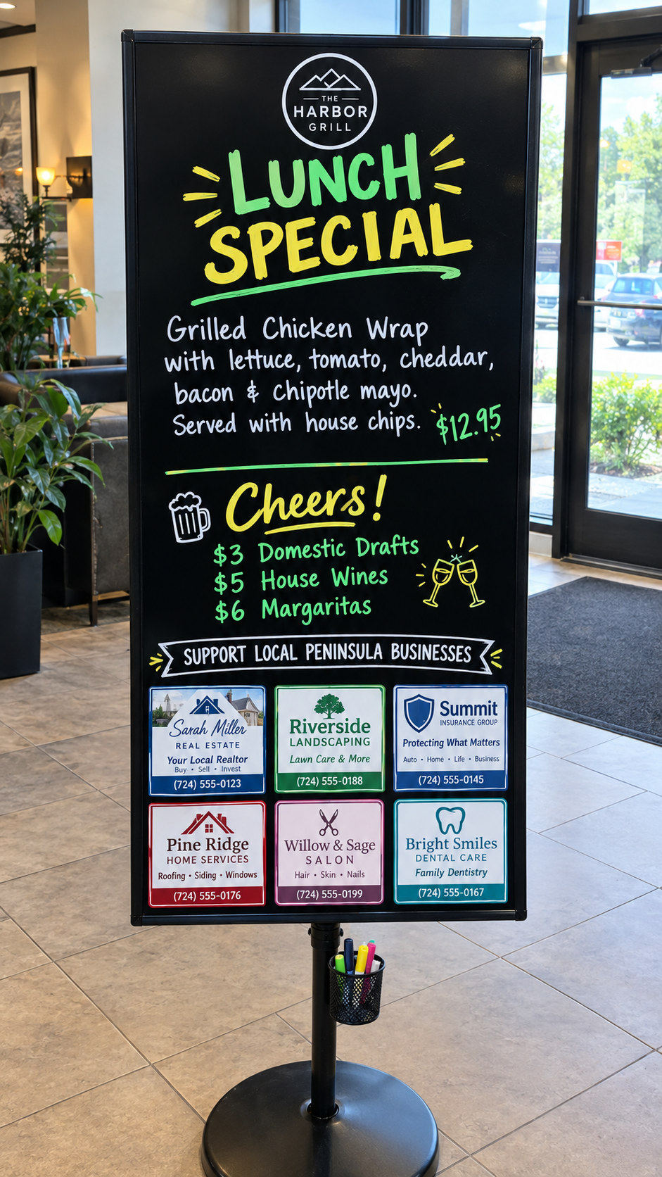 Community Board mockup placed in a local Cranberry Township business