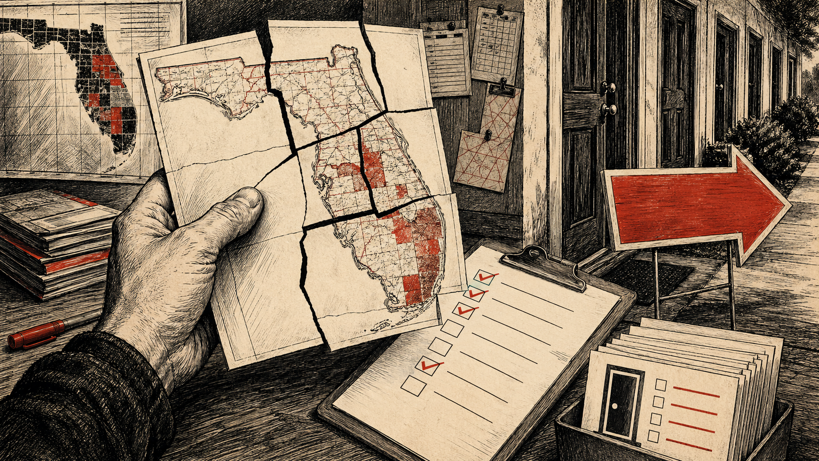 Illustration of a campaign door-knocking packet built from a congressional map