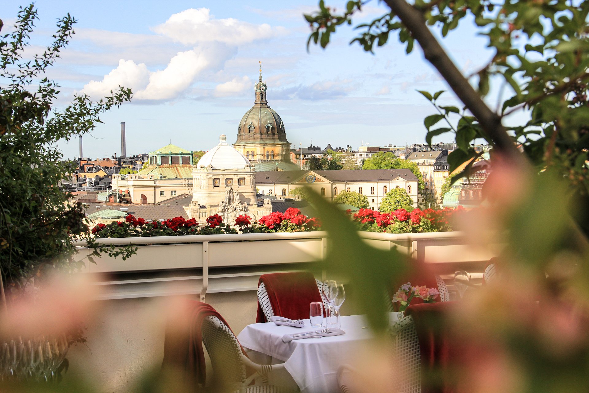 Rooftop dining terrace overlooking Stockholm’s skyline