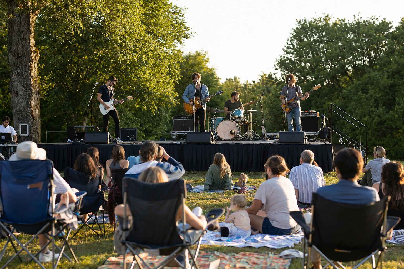 Four-piece indie rock band performing for families at an outdoor summer concert in a leafy park