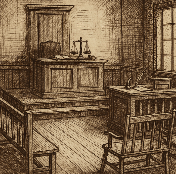 Sepia sketch of early U.S. federal courtroom interior or judicial symbols such as scales and gavel