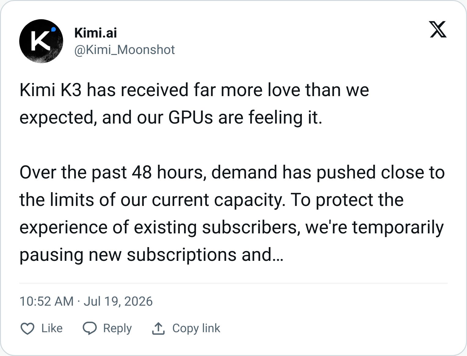 Kimi Moonshot tweet about server load