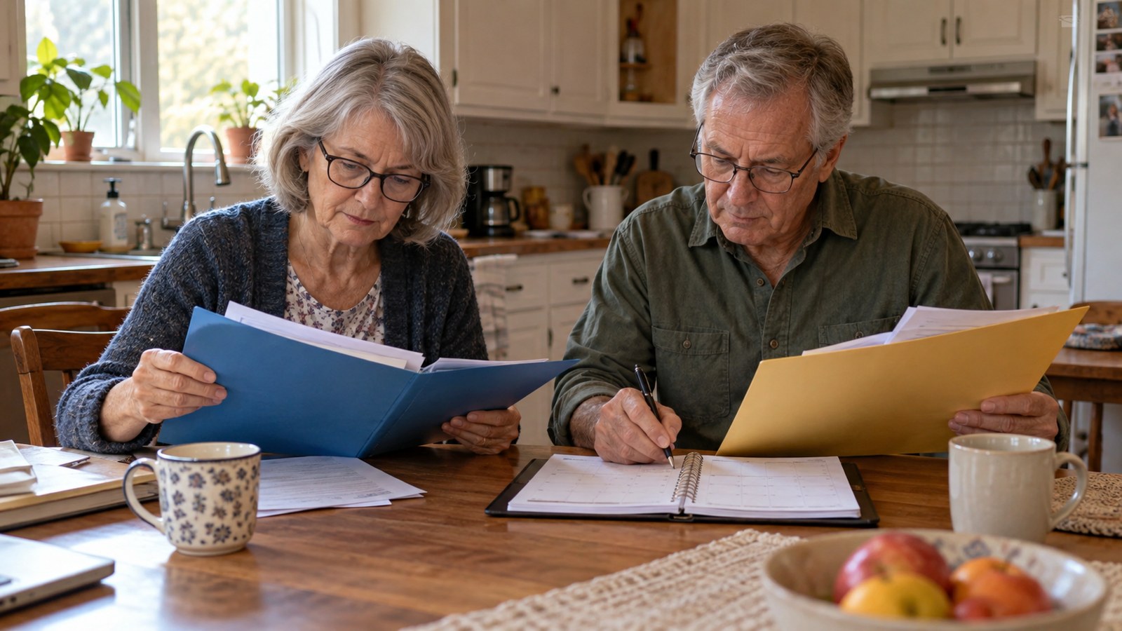 An older couple at kitchen table sorting two different unbranded health coverage folders and writing two separate dates on paper, no legible names or government logos. Calm useful planning.