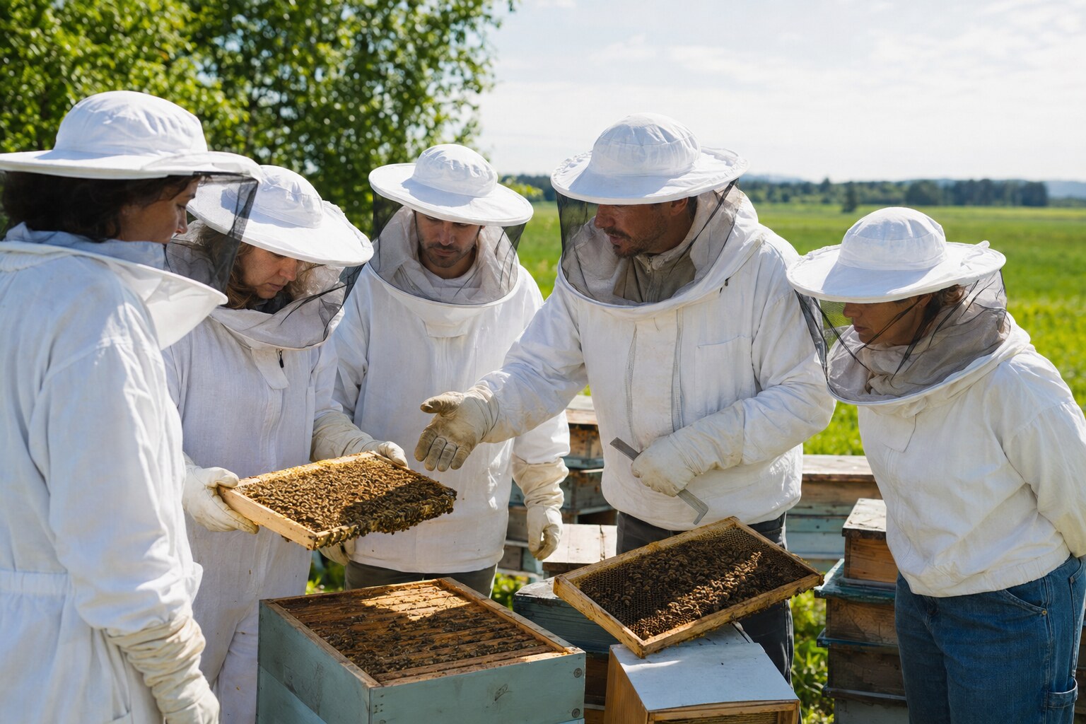 Adult beekeepers in protective suits inspecting honeybee frames with an instructor at a rural apiary