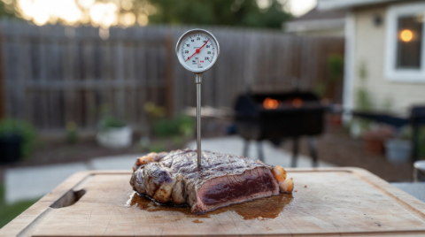 Grilled steak resting on a wooden board with a meat thermometer nearby