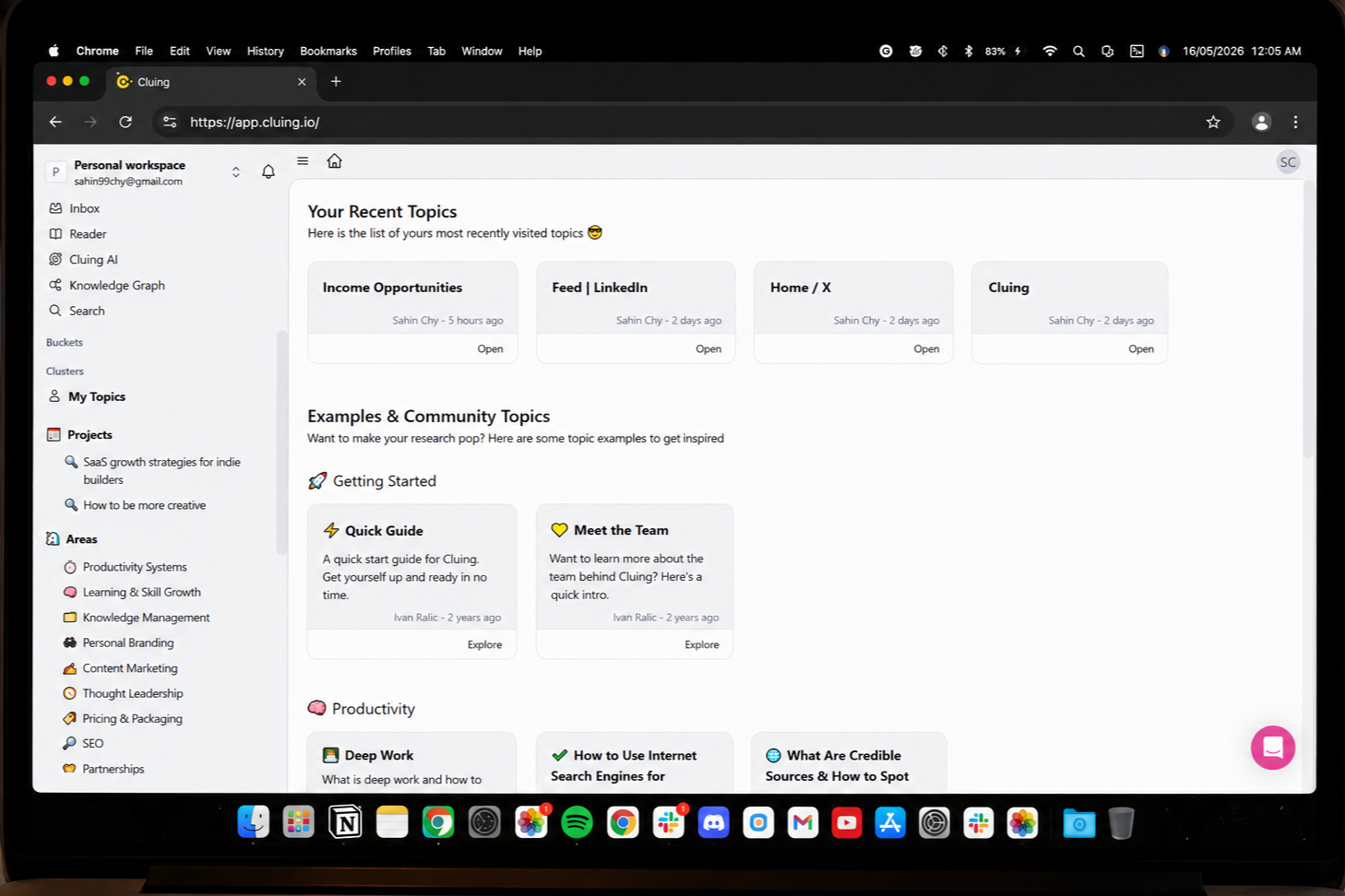 Cluing dashboard with topics including Income Opportunities