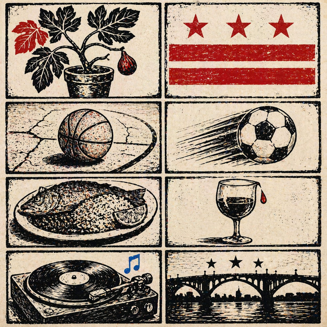 A woodblock-style illustration sheet on bone-white paper, composed as a loose grid of eight small vignettes: a fig tree in a clay pot with one red fig, the DC flag with three red stars and two red bars, a basketball on a cracked concrete court, a soccer ball in flight with motion lines behind it, a plate of whole fish with a lime wedge, a wine glass with a red drop spilling, a vinyl record on a turntable with a single blue musical note floating above it, and a DC bridge silhouette at dusk reflecting on water with three small red stars floating above.