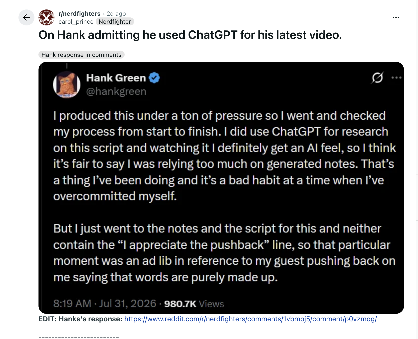 Screenshot of the Hank Green AI discussion