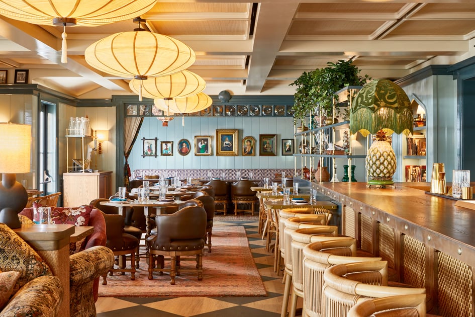Eclectic bar and dining room at Faraway Nantucket