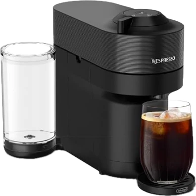 Nespresso Vertuo Pop+ coffee machine in black with an iced coffee