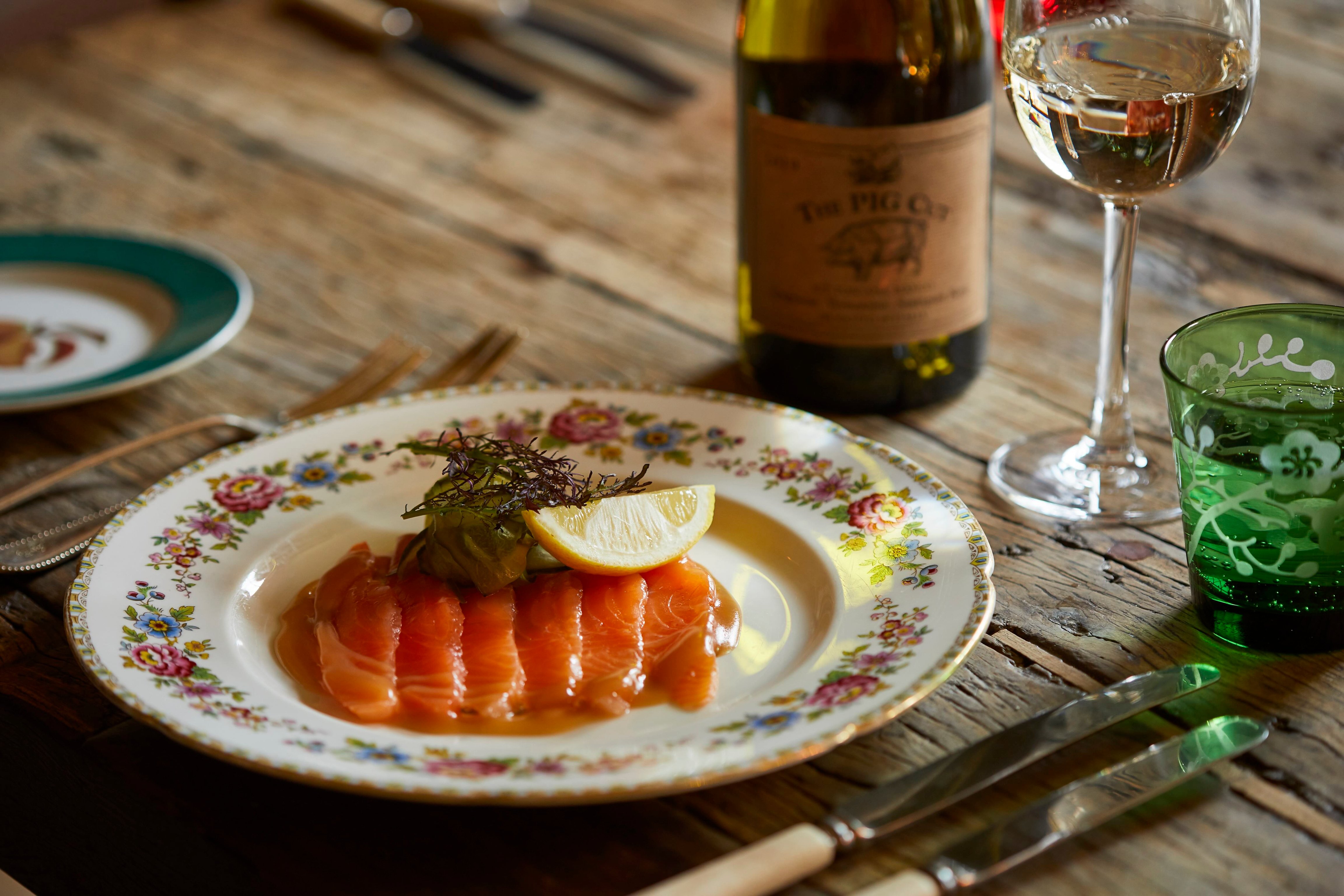 Seasonal dish and wine at The Pig-near Bath
