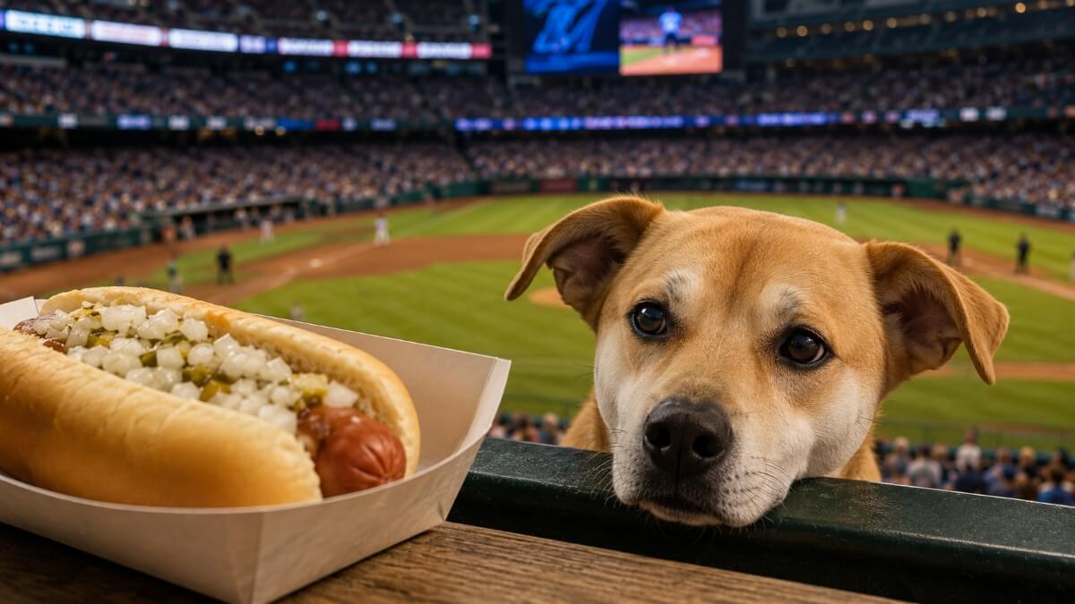 Golden-brown dog watches a hot dog from the stands at a baseball game, inspired by Jonah’s viral Marlins ballpark moment.