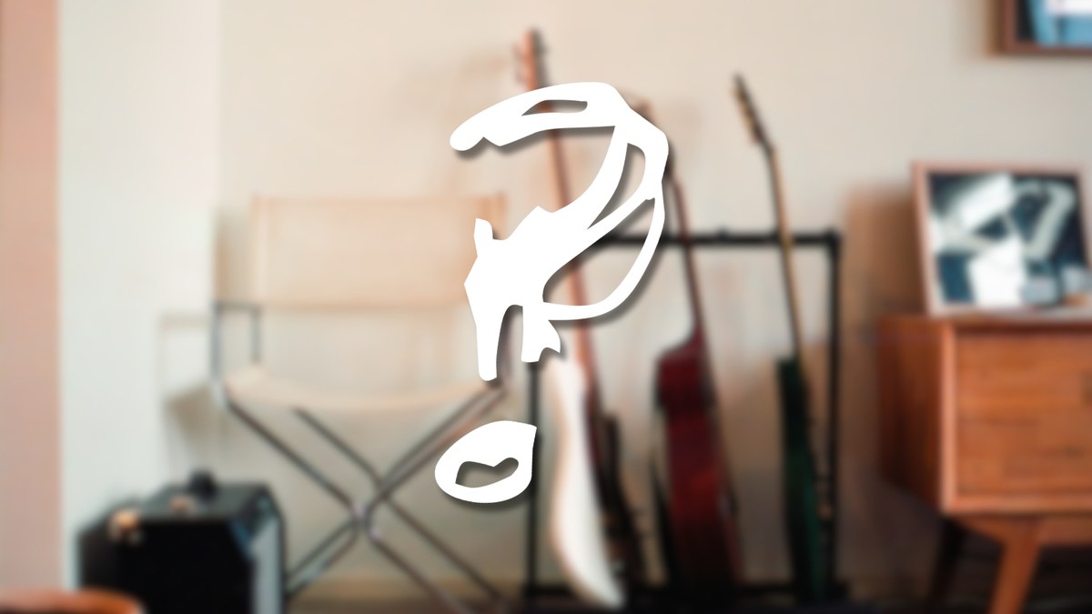 A blurred apartment with guitars on a stand, with a hand-drawn white question mark over it