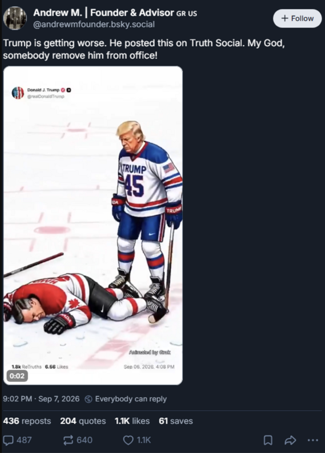 Two world leaders depicted in an animated cartoon hockey brawl, only part of which the account it's attributed to actually posted