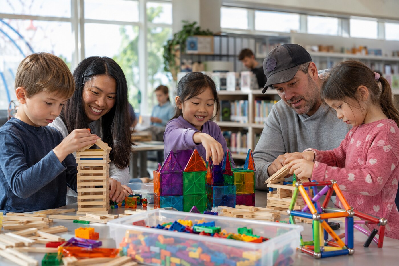 Children building colourful craft structures together at a library activity table