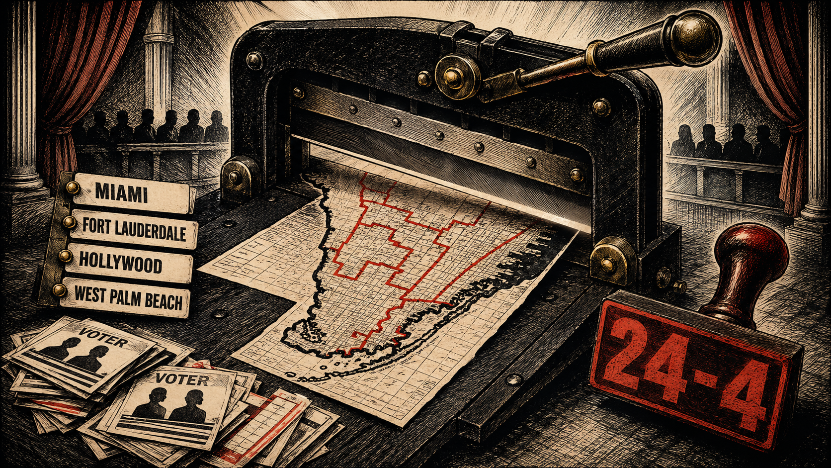 Illustration of a South Florida congressional map under a paper cutter
