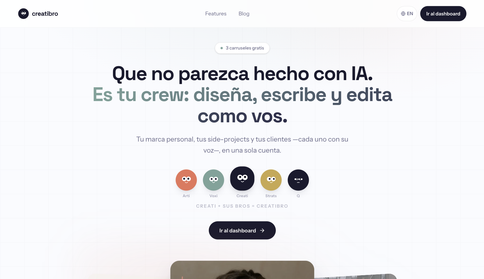 landing nueva de creatibro con la crew y carruseles reales