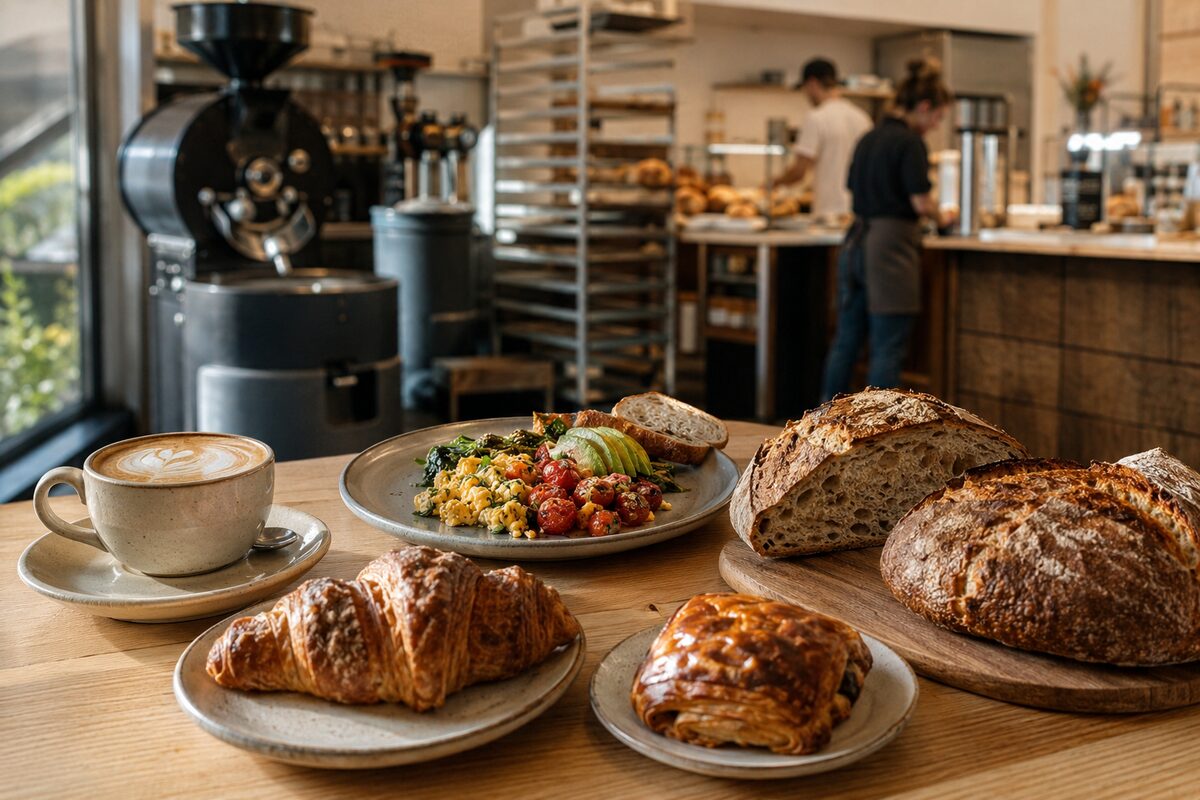 Cappuccino, artisan bread and pastries on a bright coffee-roaster table