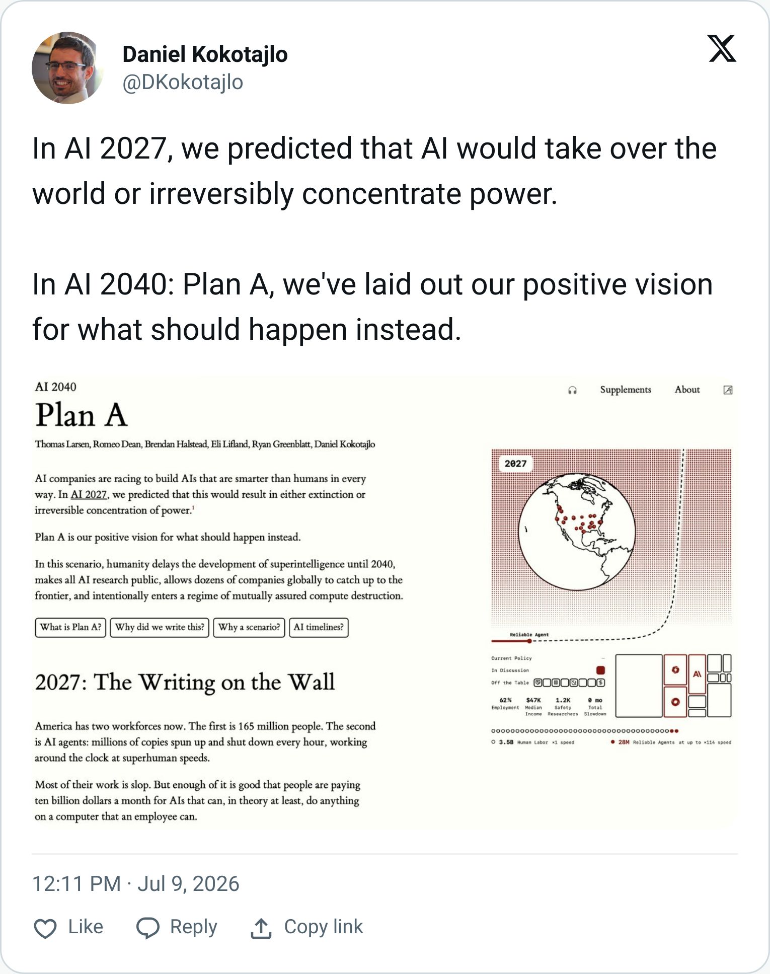 Daniel Kokotajlo tweet about the AI 2040 scenario
