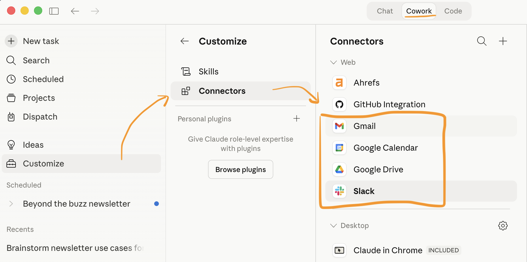 Claude desktop sidebar showing Customize > Connectors