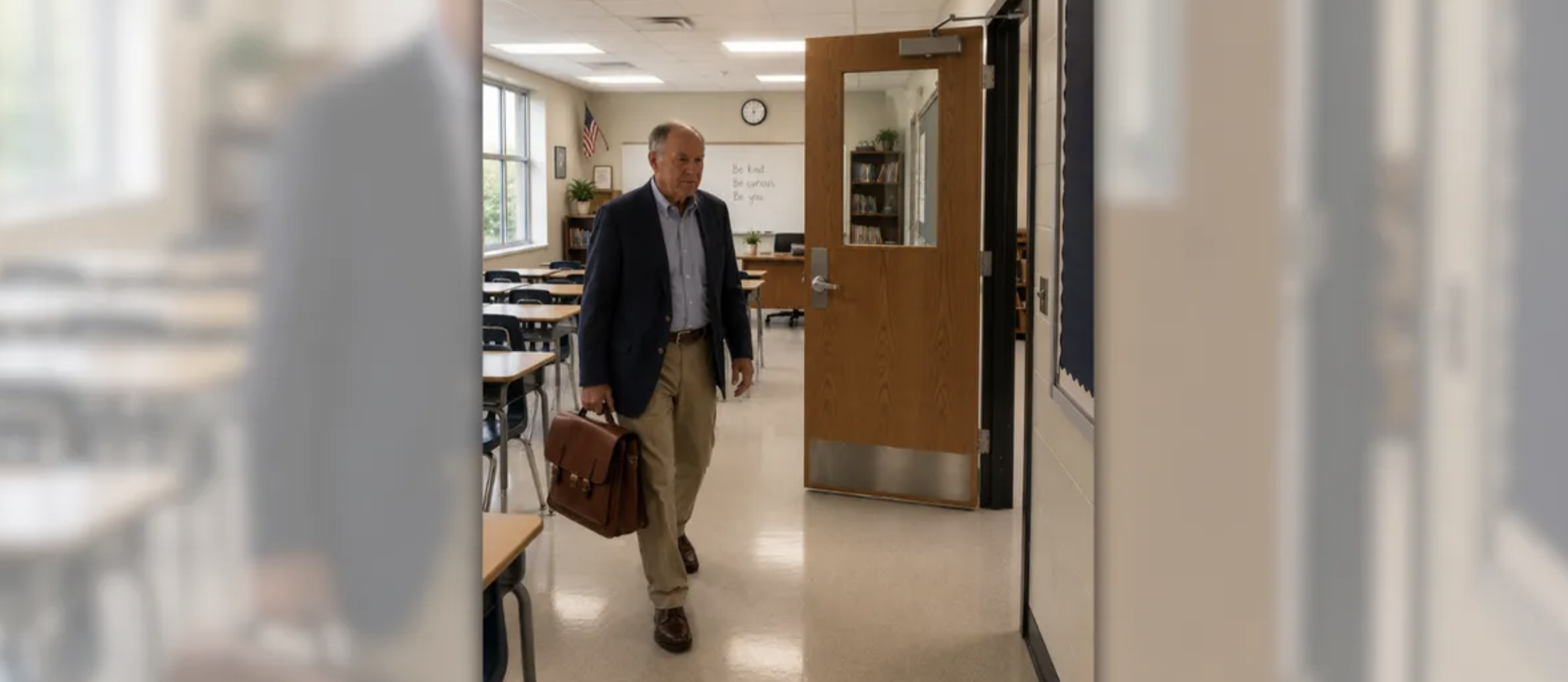 A kindly ‘Georgia teacher’ who only exists inside an AI story, nameplate reading Elias Vance