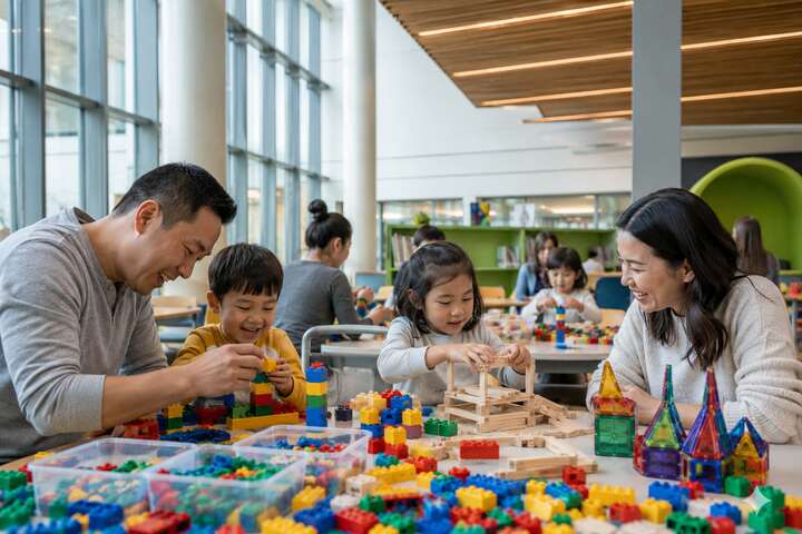 Children building creative structures at Imagination Station in Tsawwassen Library