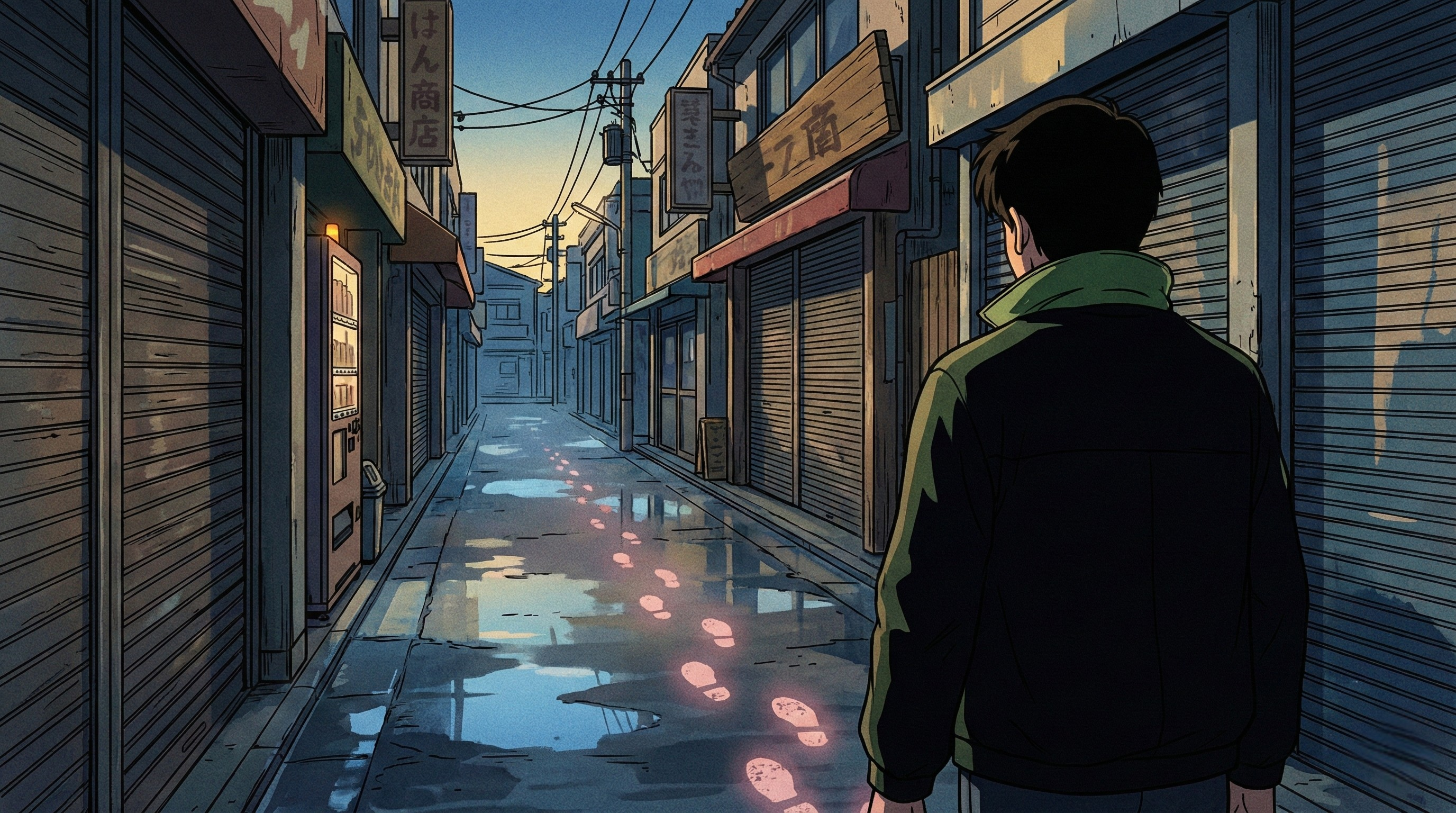 Vintage anime scene — glowing footprints on a quiet Japanese street at dawn