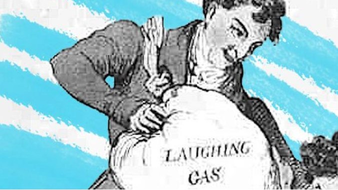 A 19th-century engraving of a man holding a bag labelled Laughing Gas