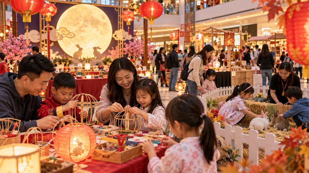 Families making bamboo lanterns and meeting rabbits at a Richmond Mid-Autumn Festival