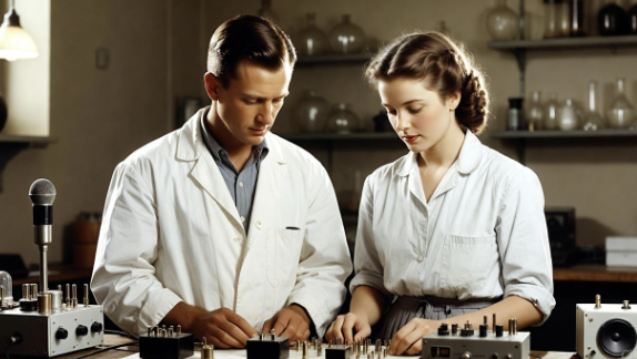 Early transistor era lab scene with simple test gear