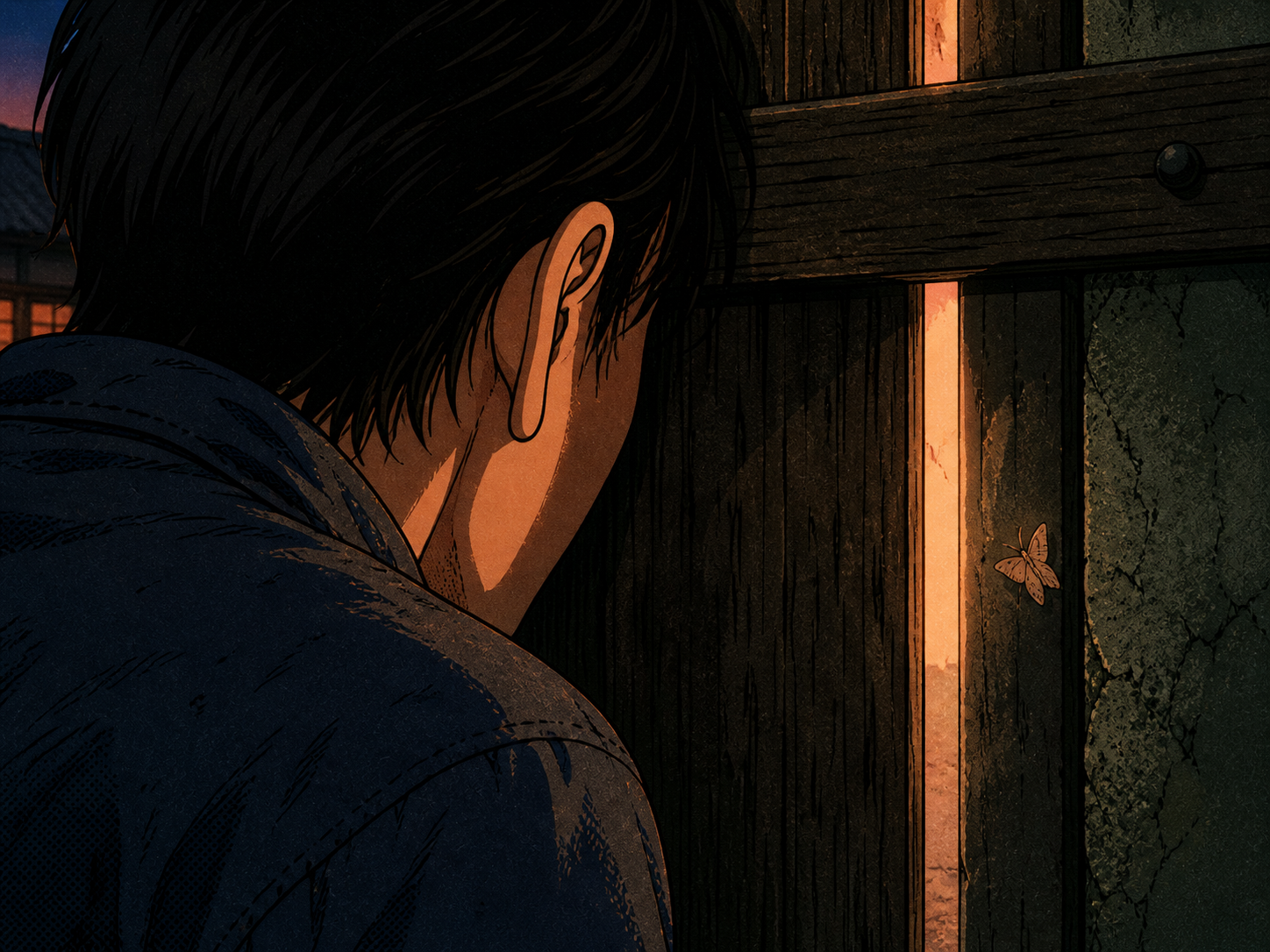 An intimate close-up twilight scene: a figure's ear and shoulder in profile pressed close to a weathered wooden gate, a soft interior glow leaking out from the seam between gate and post. The viewer sees only the curve of an ear, the edge of dark hair, the gate's grain, and the sliver of warm light — the kanji 聞's etymology (耳 at 門, the ear at the gate) rendered as scene.