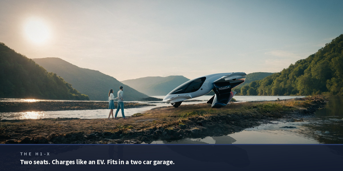 The Doroni H1-X parked on a riverbank in daylight. Two seats, charges like an EV, fits in a two car garage.