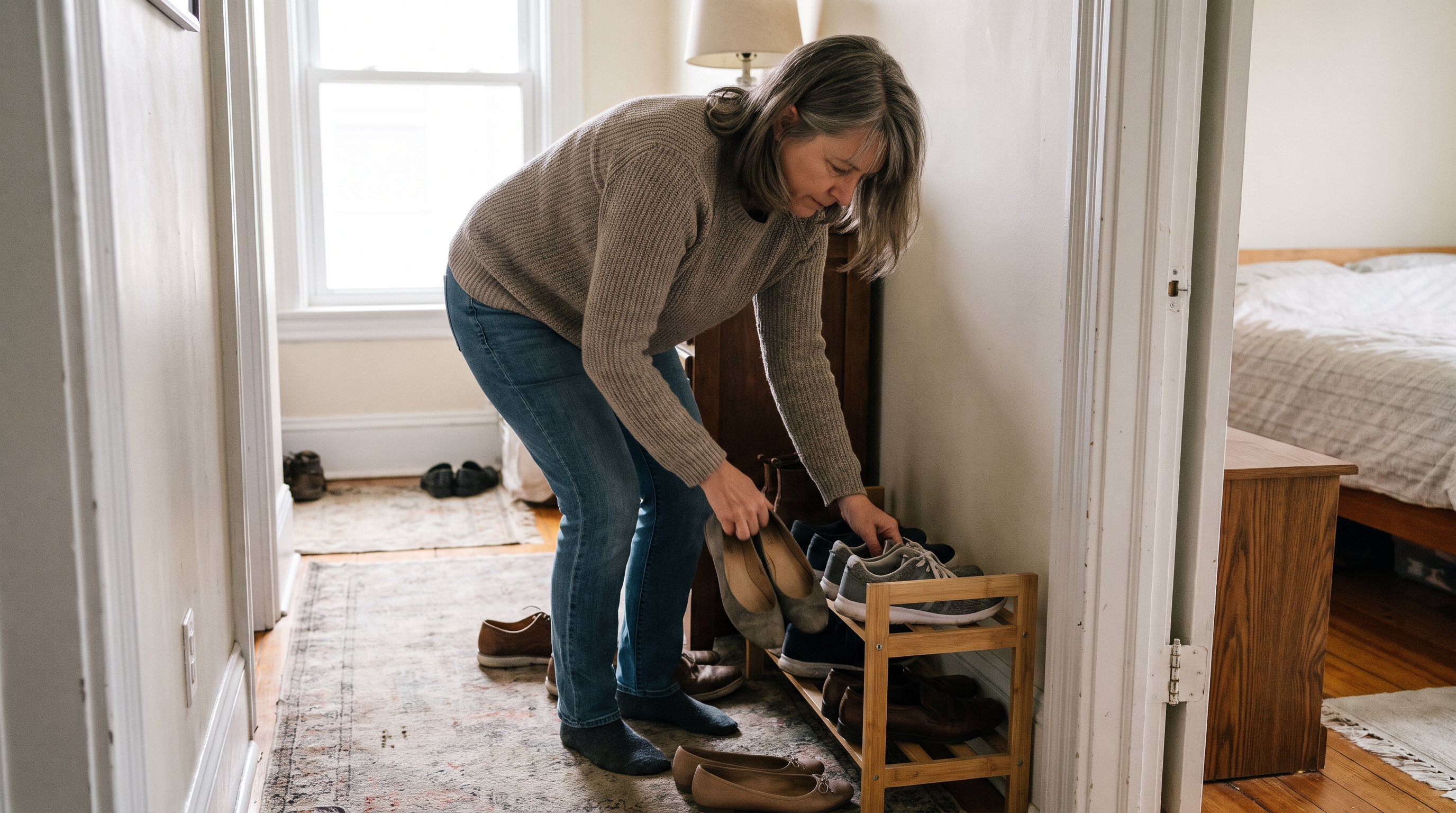 Illustrative household task: a 55 year old woman moving shoes from the bedroom doorway into a low tidy rack, clear well lit walking path, ordinary home no fall or injury.