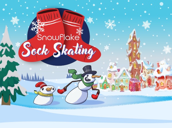 Official Snowflake Sock Skating artwork with socks, snowflakes and snowmen