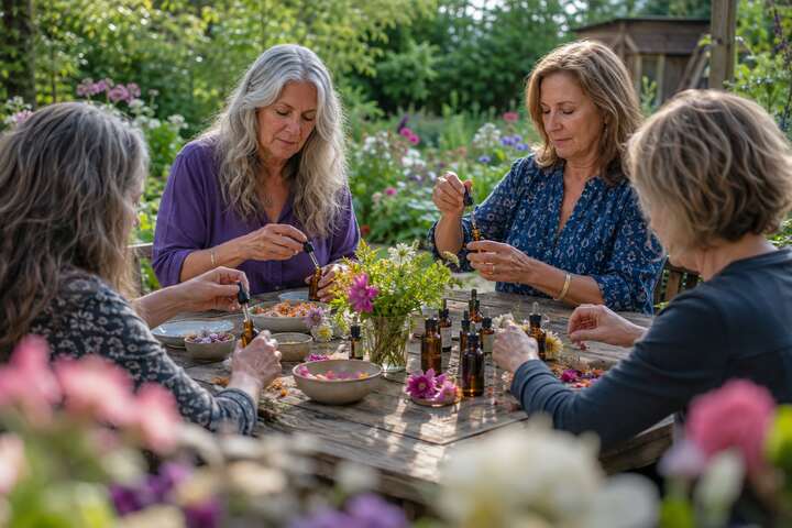 Adults blending botanical flower essences during a garden workshop in Tsawwassen, Delta BC