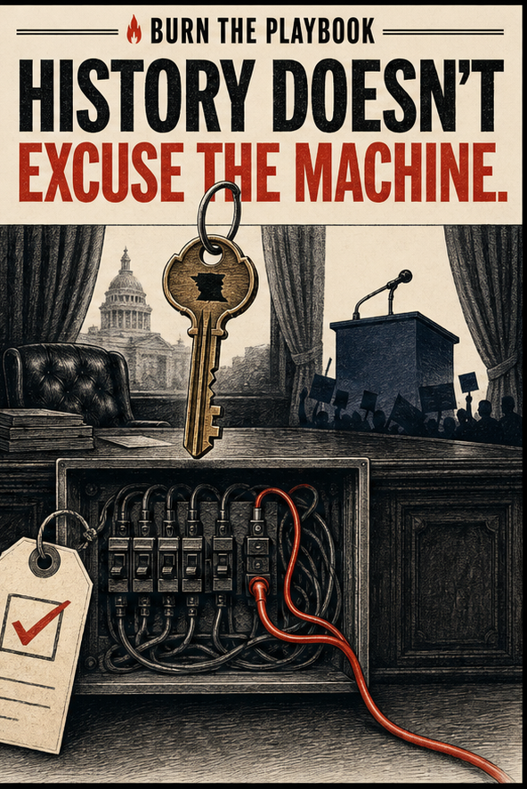 BTP poster showing a governor office key above an exposed fuse box with the line history does not excuse the machine.
