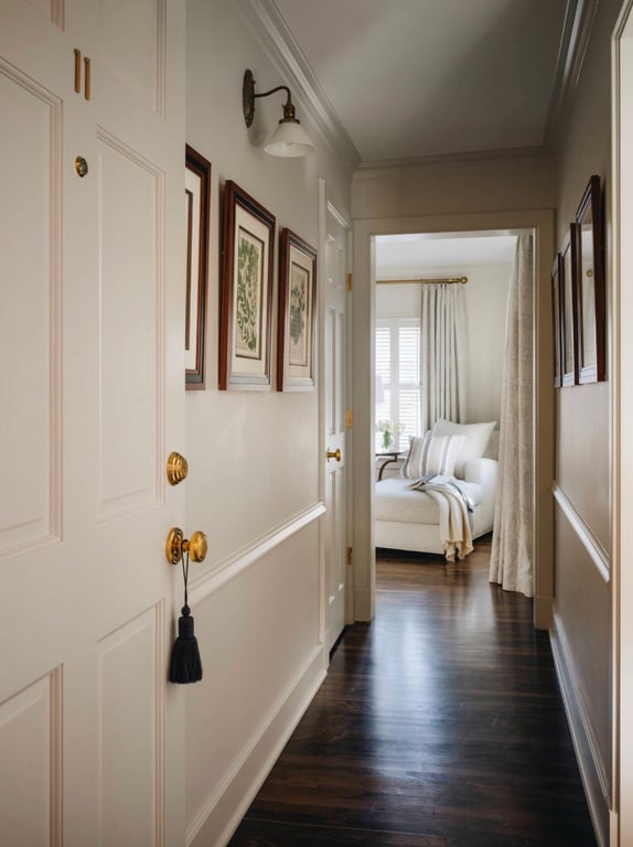 Artwork-lined hallway leading to a room at Wickwood Inn