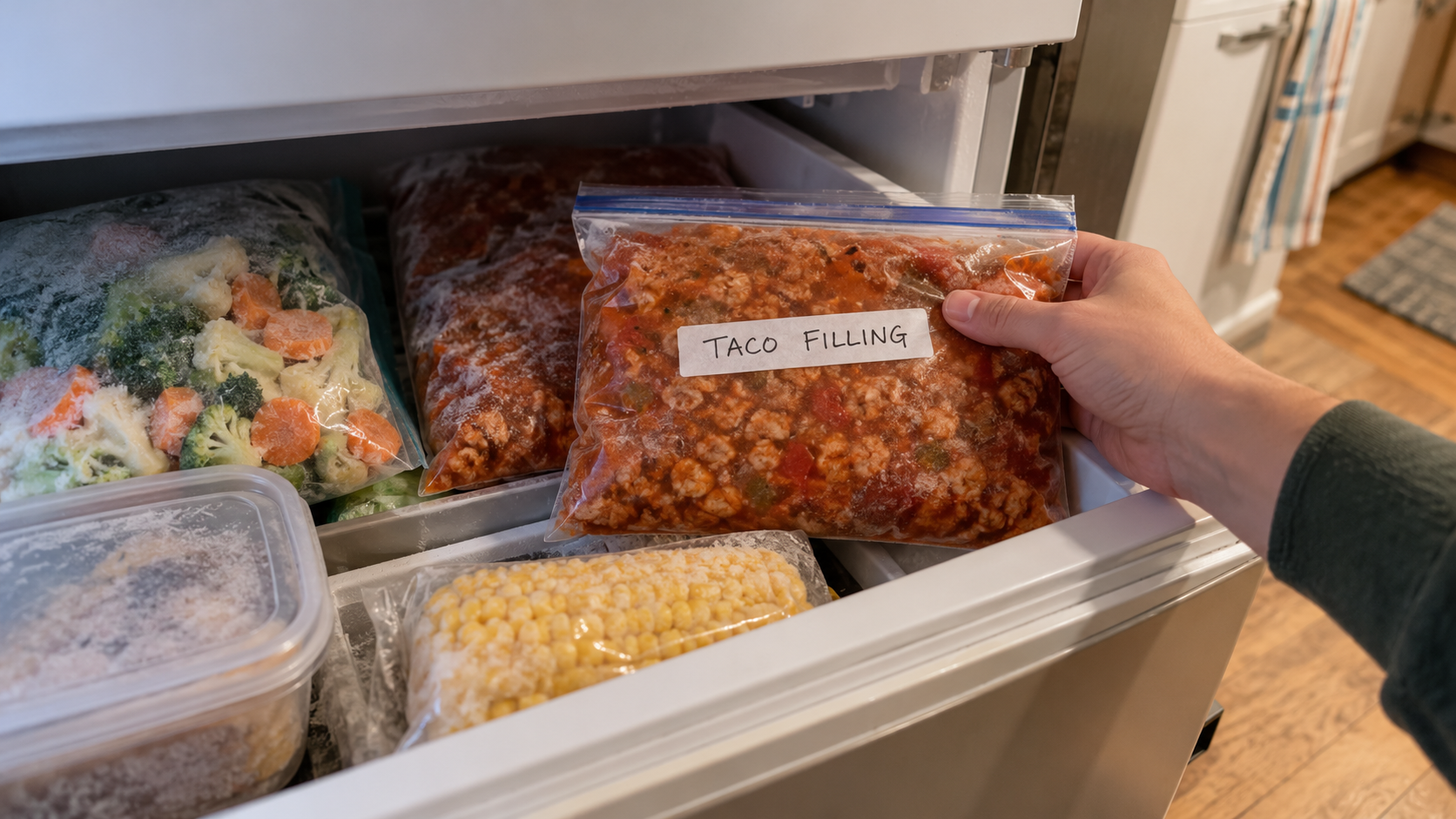 A labeled flat bag of taco filling being stored in a home freezer