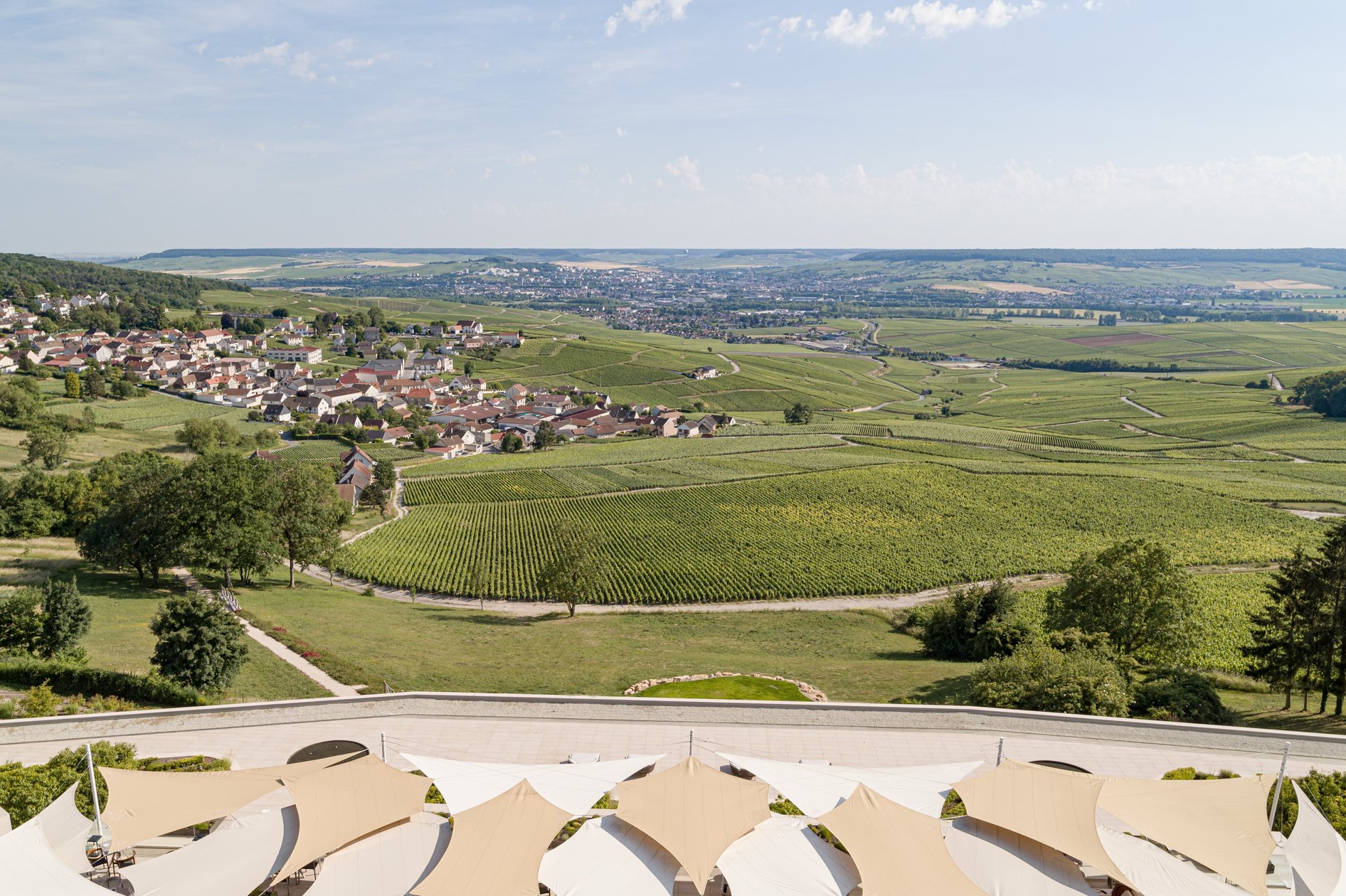 Champagne vineyards and village viewed from Royal Champagne Hotel + Spa