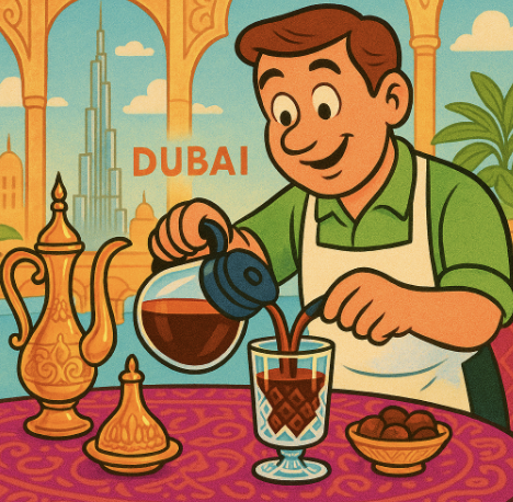 A barista pouring coffee into a crystal glass on a lavish table in a Dubai cafe
