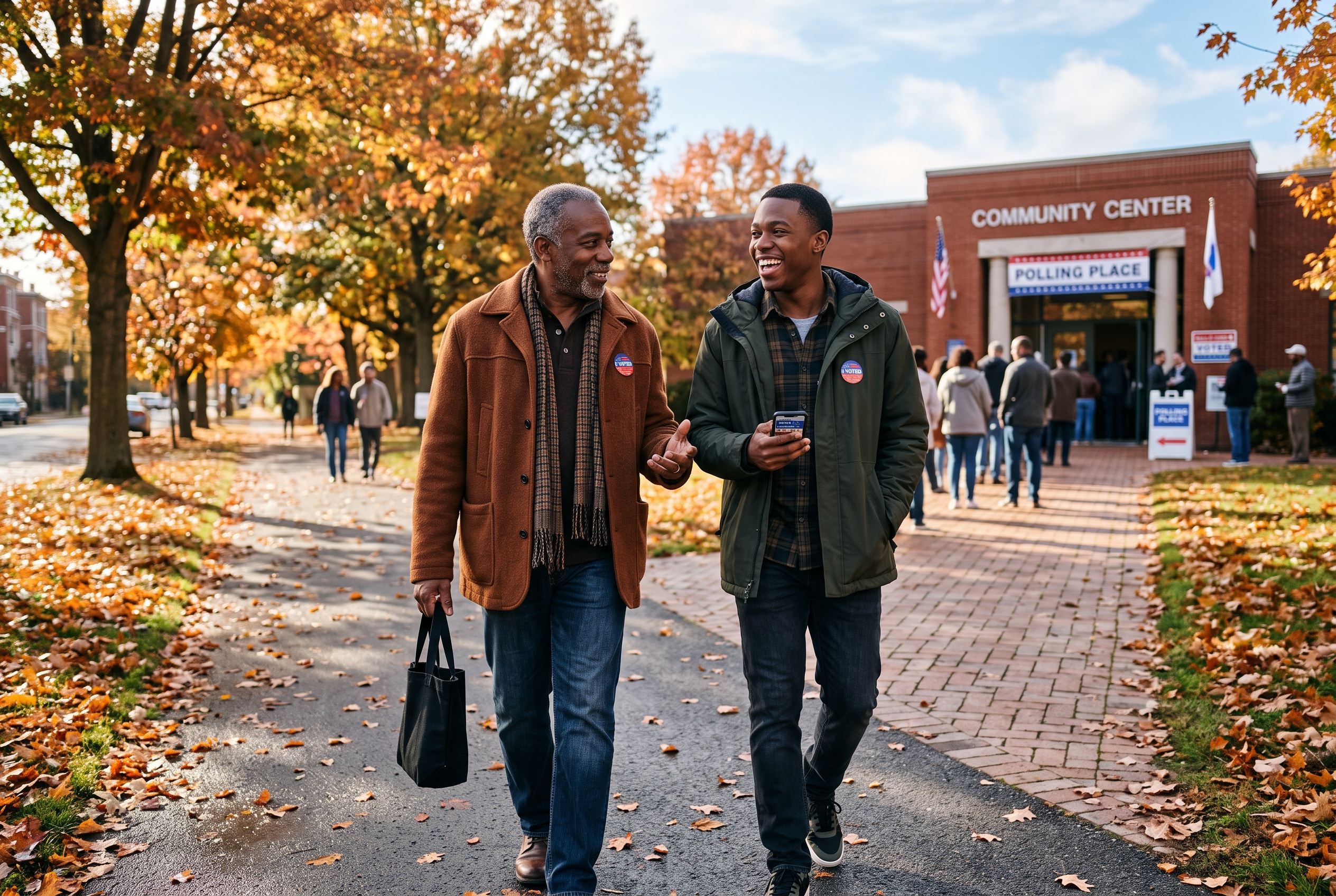 Two Black men, one older one younger, walking together to vote with pride