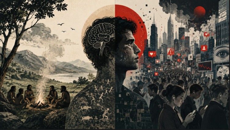 A split illustration contrasting people around a fire with a crowded modern city