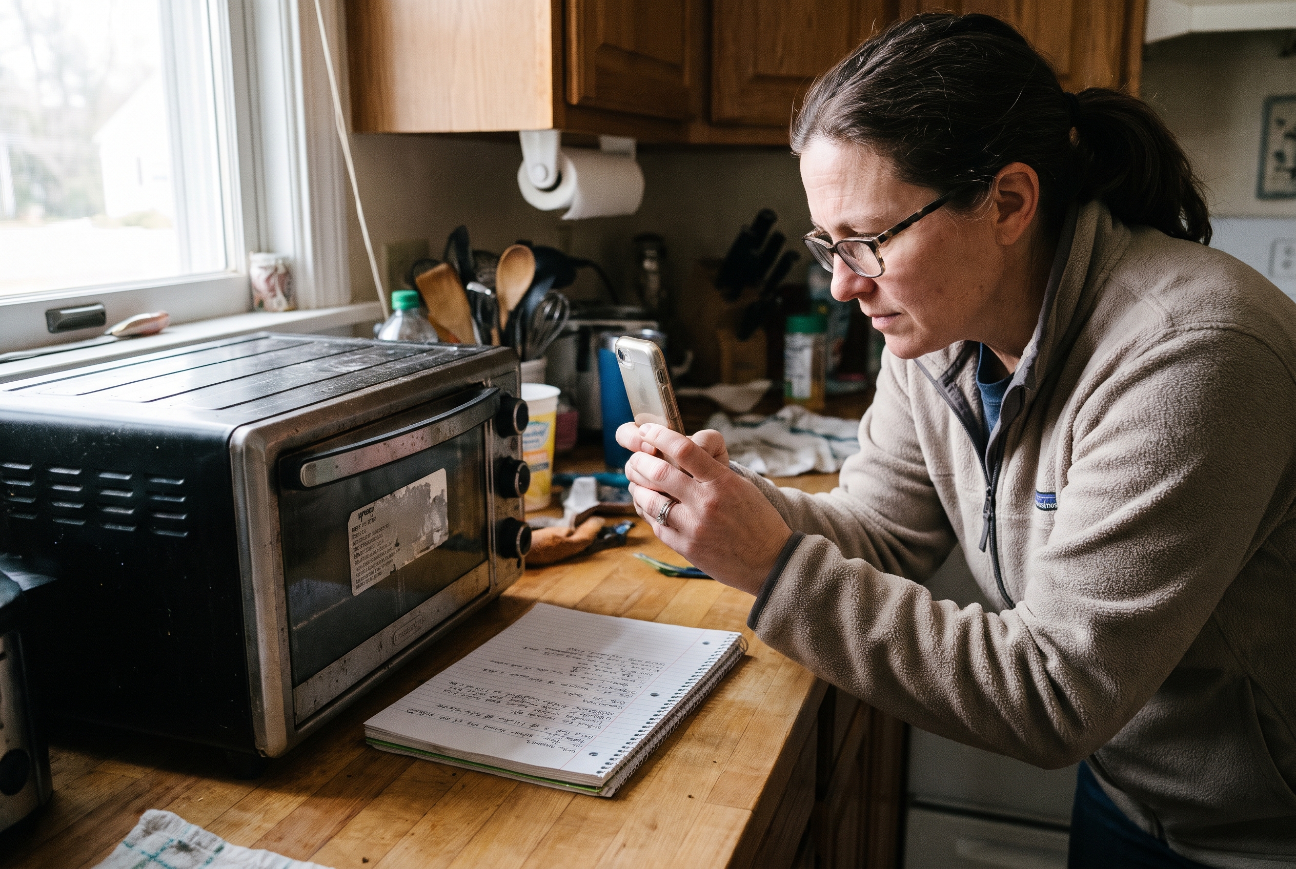 Illustrative household action: Candid phone photo of woman in her fifties photographing the readable-in-shape but not actual-text manufacturer label on a switched-off unplugged small household appliance at kitchen counter, notebook nearby, safe ordinary setting.