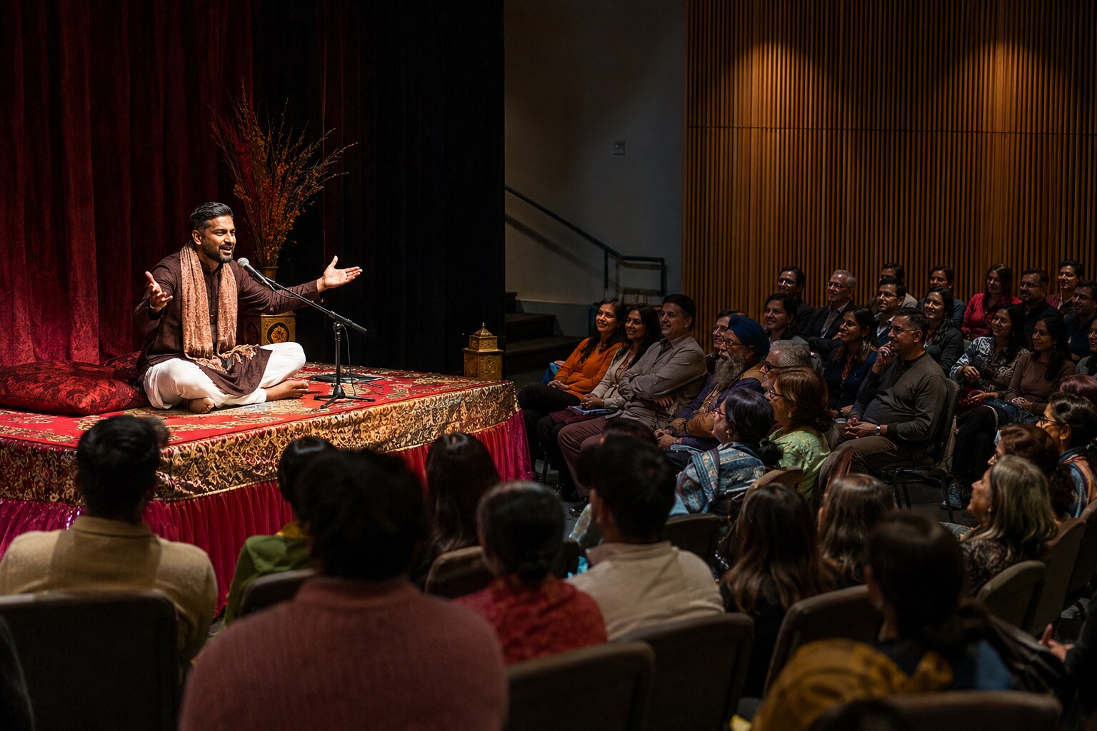 Punjabi storyteller speaking on a theatre stage to an engaged community audience