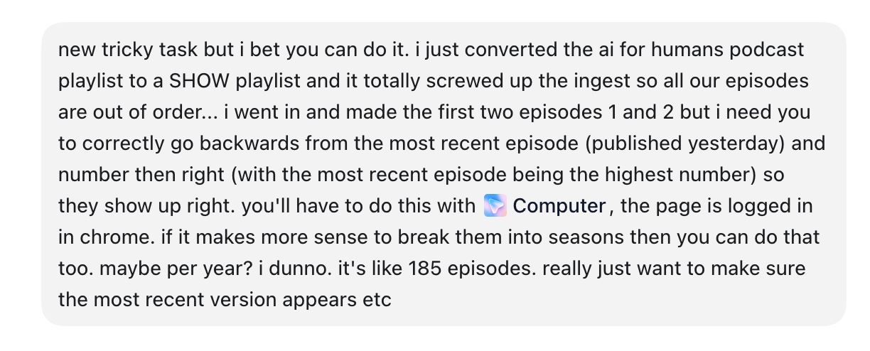 The prompt given to ChatGPT computer use to reorder a YouTube show